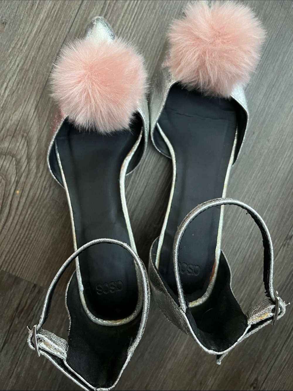 ASOS Metallic Silver Block Heels with Pink Pom Pom